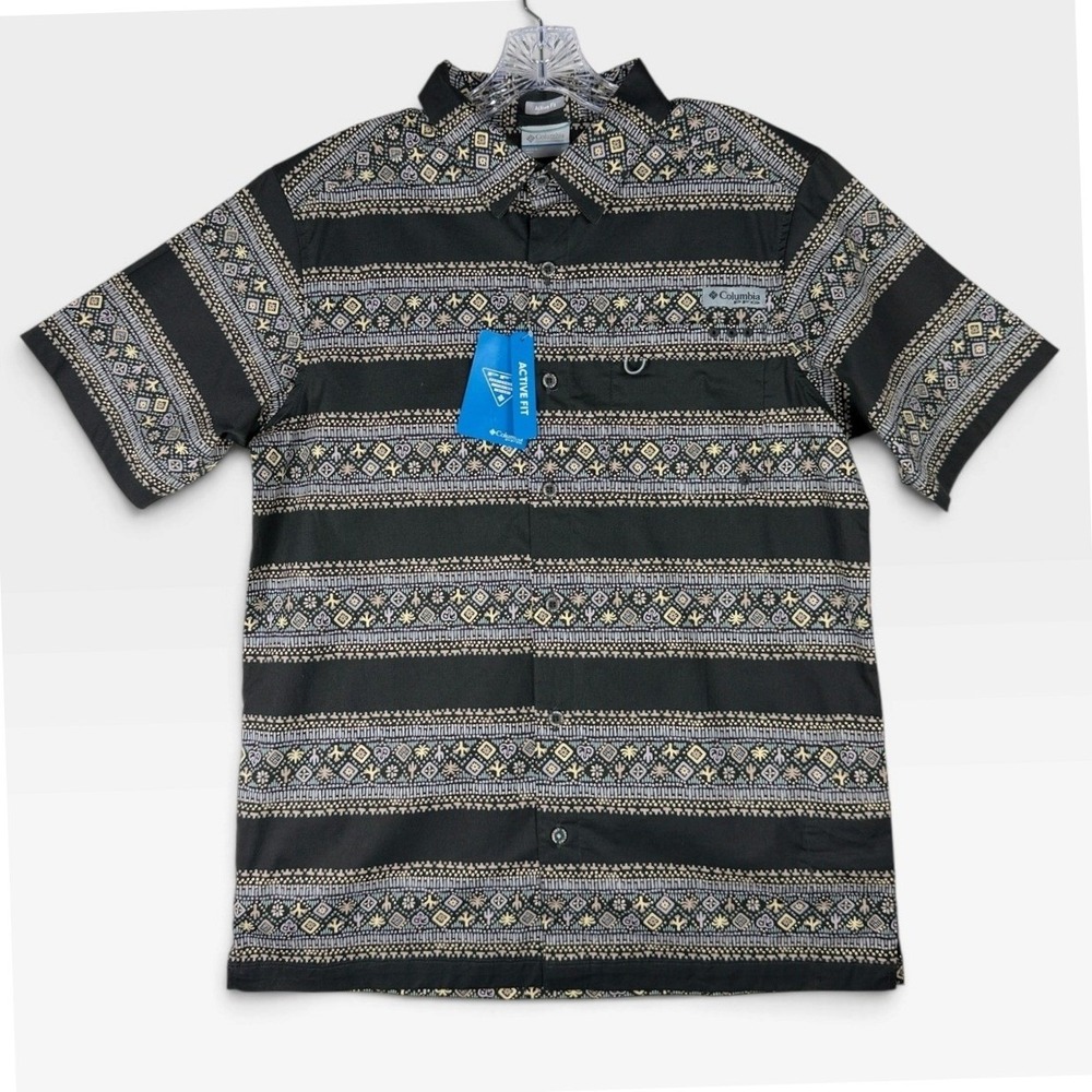 Columbia Wild Cast Camp Shirt Mens M Black Geometric Tribal Print PFG NWT